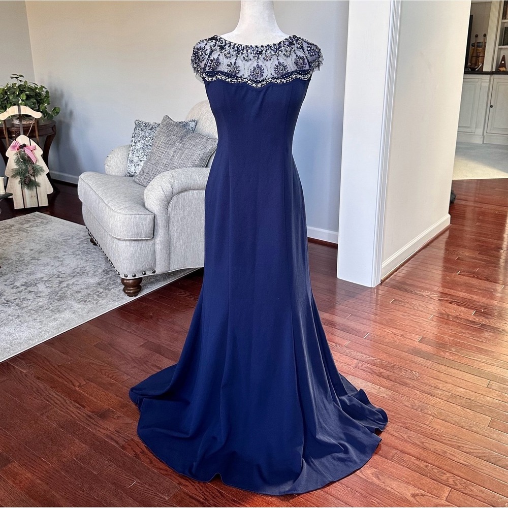 Vintage Alex Evenings‎ Short Sleeve Navy Blue Beaded Embellished Gown Dress